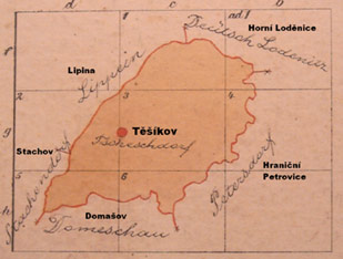 Mapa katastrální území obce Těšíkov (Tscheschdorf) z roku 1901